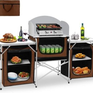 Portable Camping Kitchen Table with Windscreen and Storage Cupboards